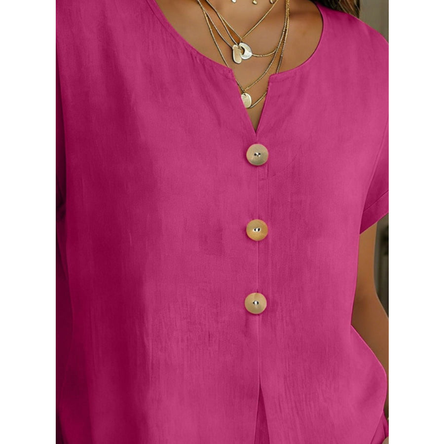 Decor Button Short Sleeve Blouse Apparel and Accessories
