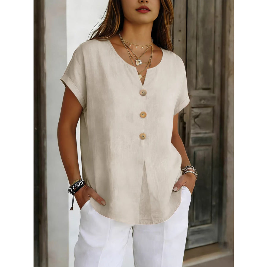 Decor Button Short Sleeve Blouse Beige / S Apparel and Accessories