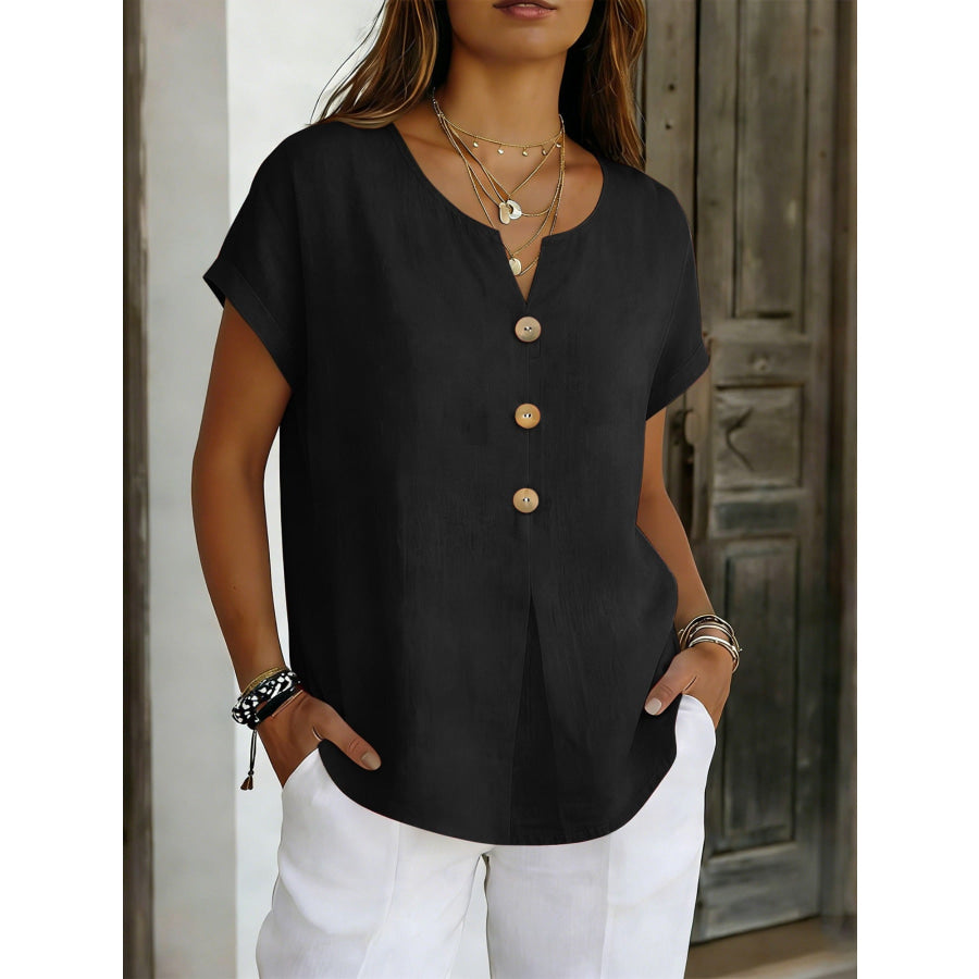 Decor Button Short Sleeve Blouse Black / S Apparel and Accessories