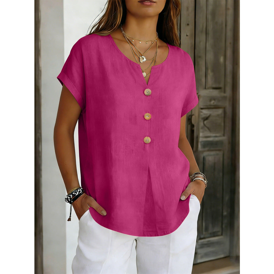 Decor Button Short Sleeve Blouse Cerise / S Apparel and Accessories