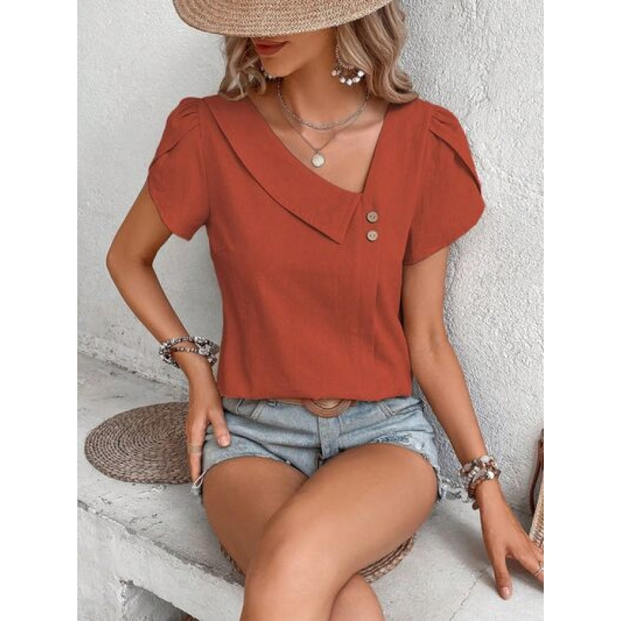 Decorative Button Asymmetrical Neck Blouse Apparel and Accessories