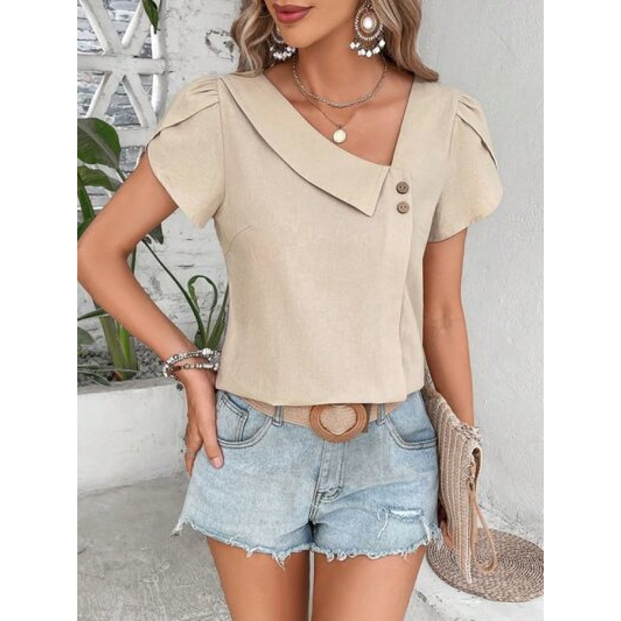 Decorative Button Asymmetrical Neck Blouse Apparel and Accessories