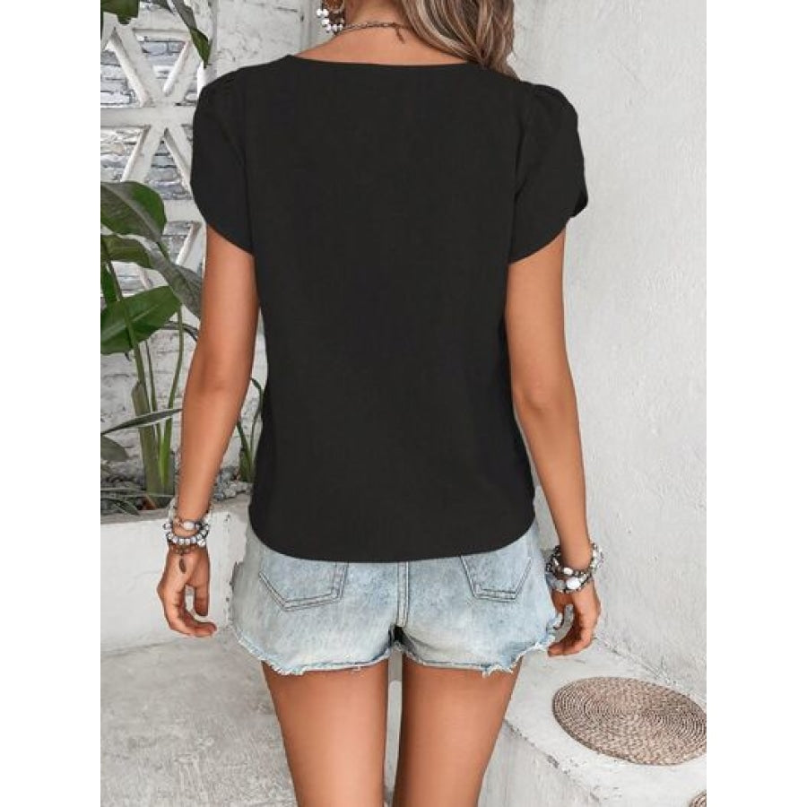 Decorative Button Asymmetrical Neck Blouse Black / S Apparel and Accessories