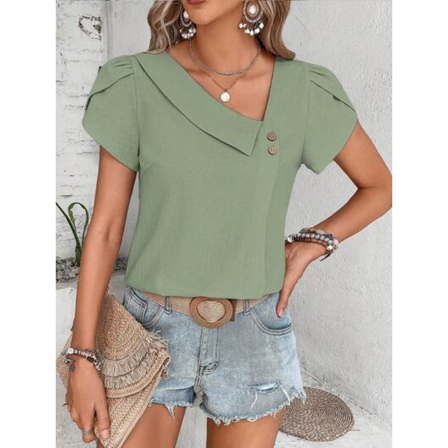 Decorative Button Asymmetrical Neck Blouse Apparel and Accessories