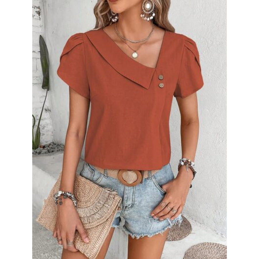 Decorative Button Asymmetrical Neck Blouse Apparel and Accessories