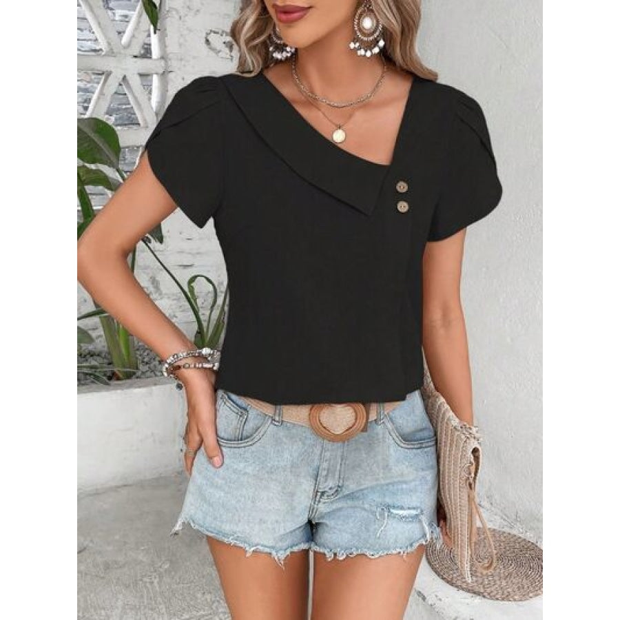 Decorative Button Asymmetrical Neck Blouse Apparel and Accessories