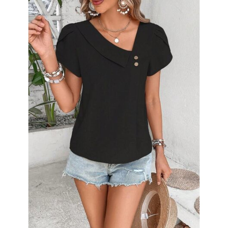 Decorative Button Asymmetrical Neck Blouse Black / S Apparel and Accessories