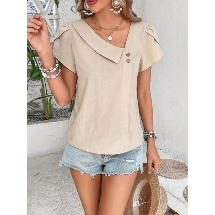 Decorative Button Asymmetrical Neck Blouse Tan / S Apparel and Accessories