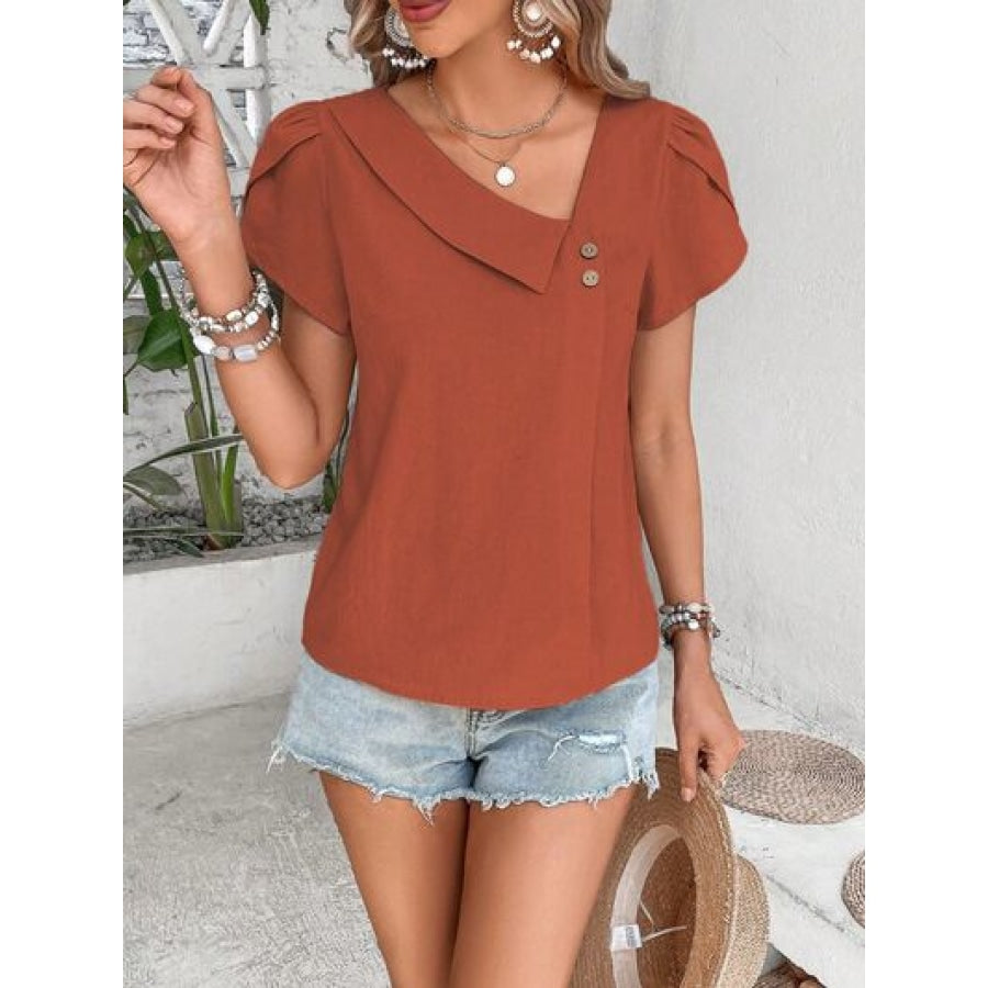 Decorative Button Asymmetrical Neck Blouse Terracotta / S Apparel and Accessories