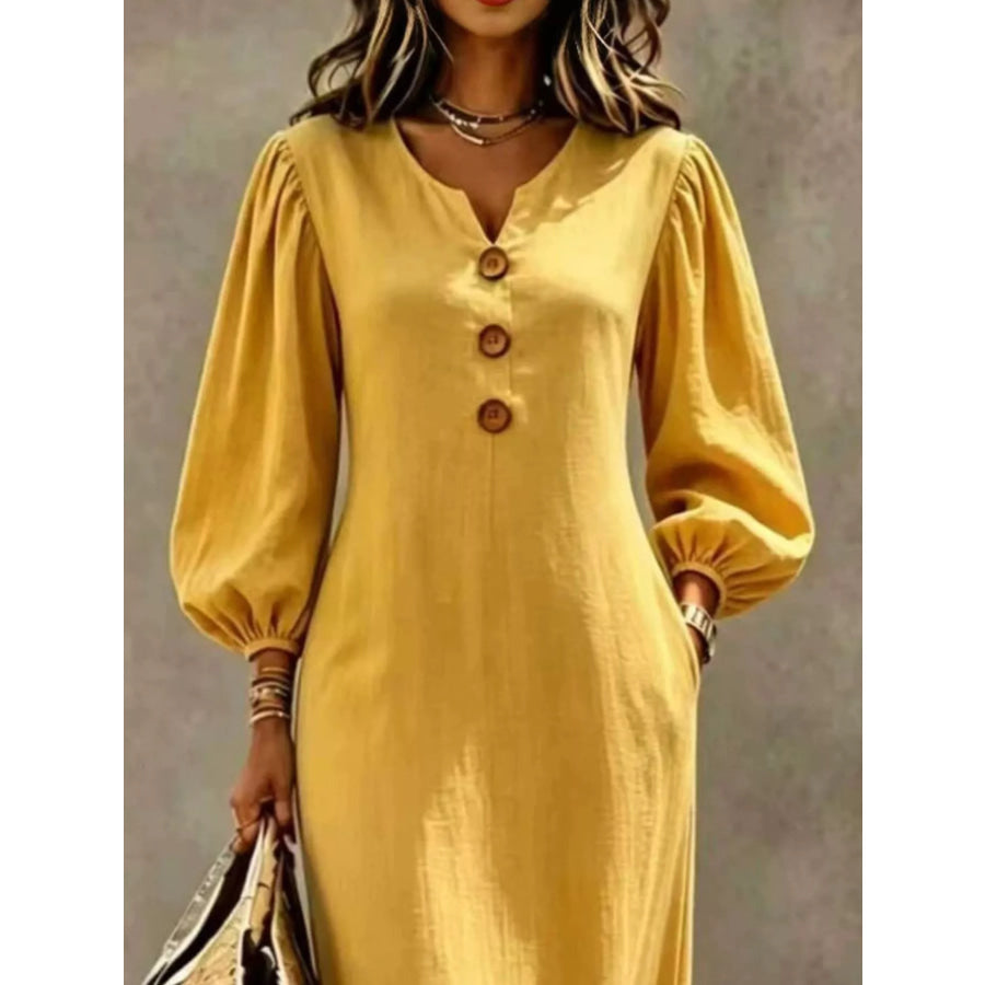 Decorative Button Balloon Sleeve Maxi Dress Mustard / S Apparel and Accessories