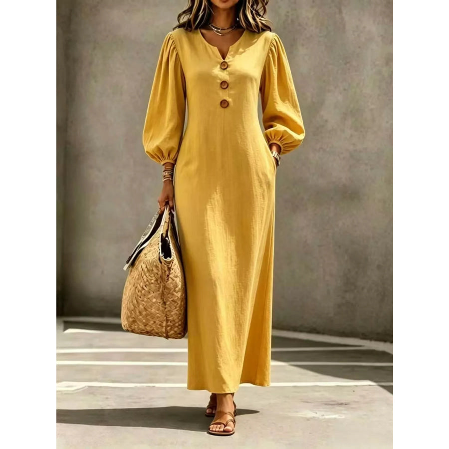 Decorative Button Balloon Sleeve Maxi Dress Mustard / S Apparel and Accessories