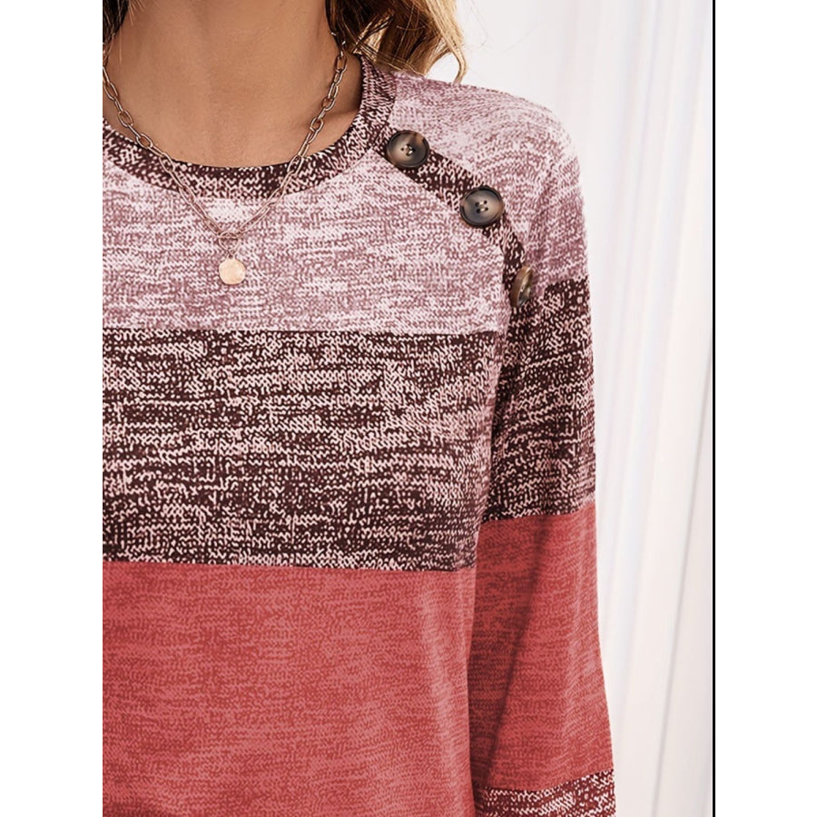 Decorative Button Contrast Round Neck Long Sleeve T-Shirt Apparel and Accessories