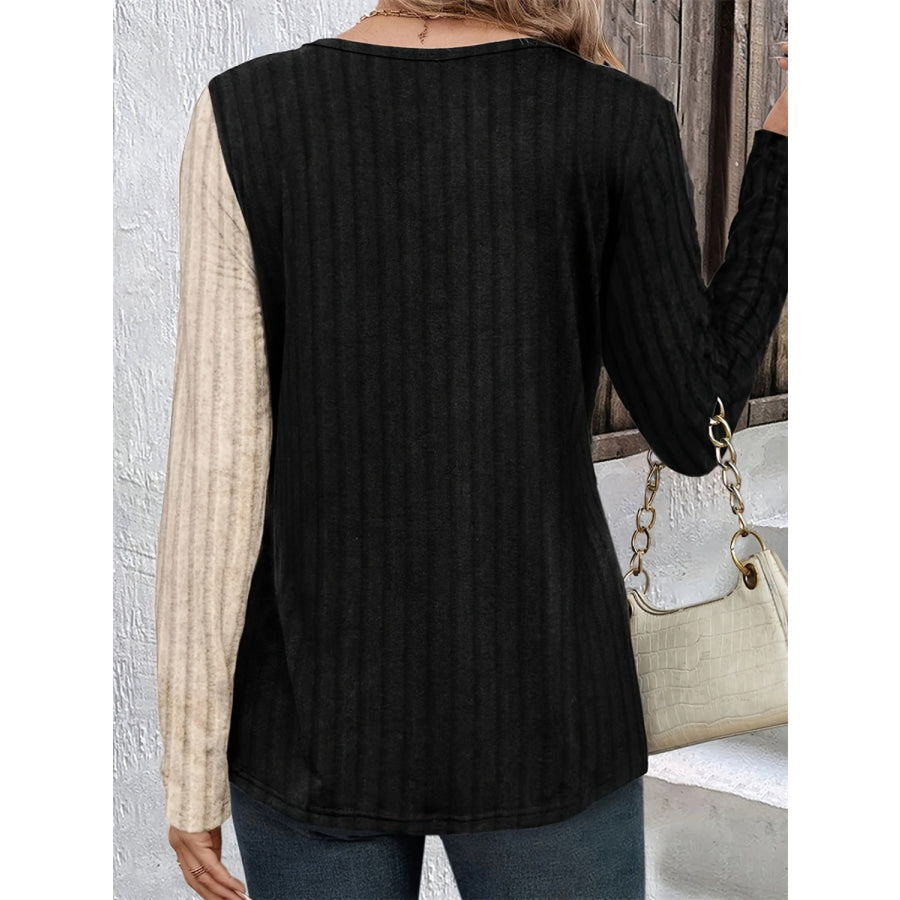 Decorative Button Contrast Round Neck Long Sleeve T-Shirt Apparel and Accessories