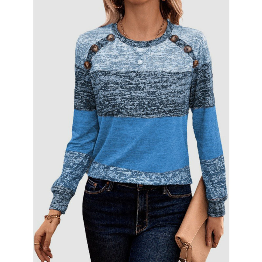 Decorative Button Contrast Round Neck Long Sleeve T-Shirt Apparel and Accessories