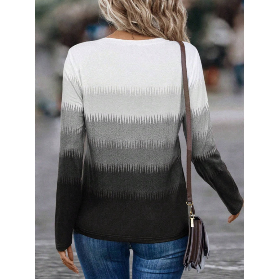 Decorative Button Contrast Round Neck Long Sleeve T-Shirt Apparel and Accessories