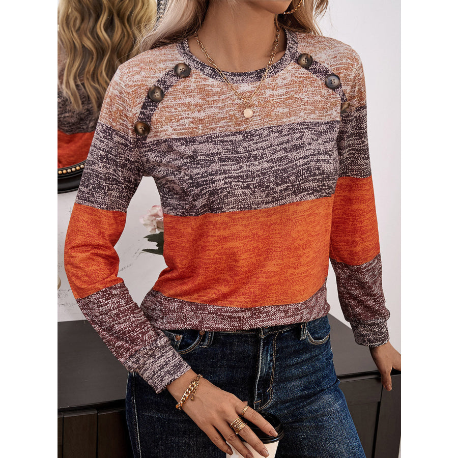 Decorative Button Contrast Round Neck Long Sleeve T-Shirt Apparel and Accessories