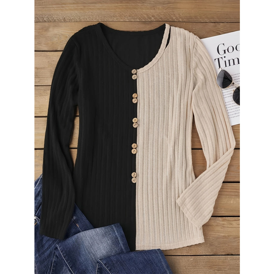 Decorative Button Contrast Round Neck Long Sleeve T-Shirt Apparel and Accessories