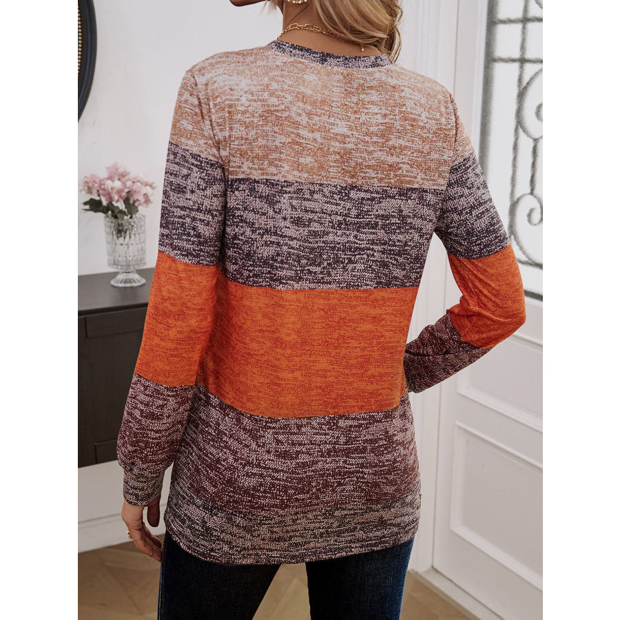 Decorative Button Contrast Round Neck Long Sleeve T-Shirt Apparel and Accessories