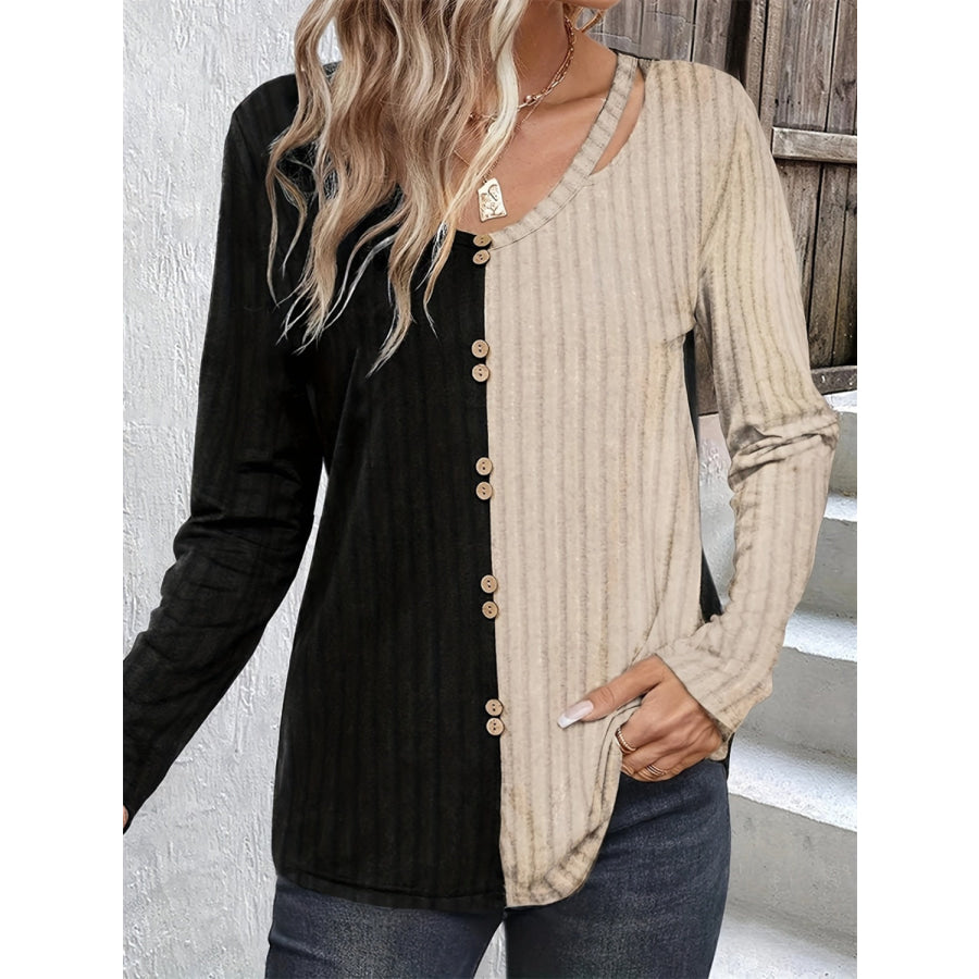 Decorative Button Contrast Round Neck Long Sleeve T-Shirt Black / S Apparel and Accessories