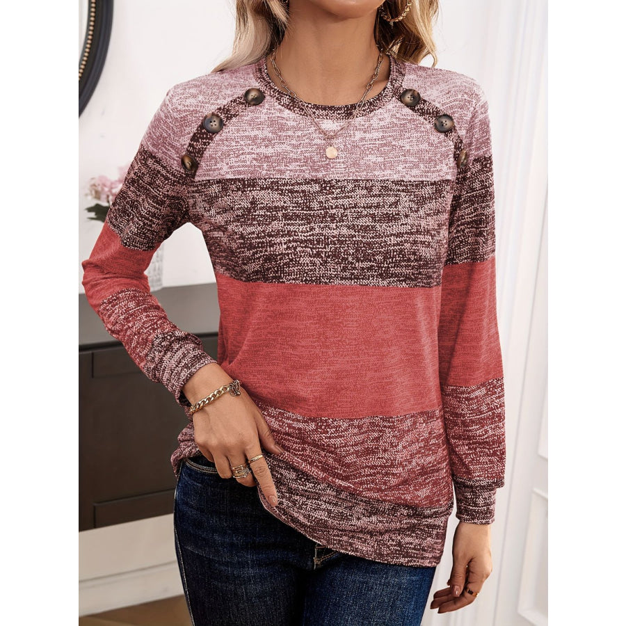 Decorative Button Contrast Round Neck Long Sleeve T-Shirt Burnt Coral / S Apparel and Accessories