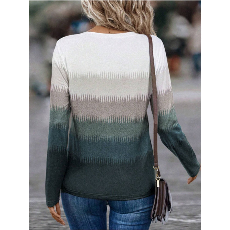 Decorative Button Contrast Round Neck Long Sleeve T-Shirt Dust Storm / M Apparel and Accessories