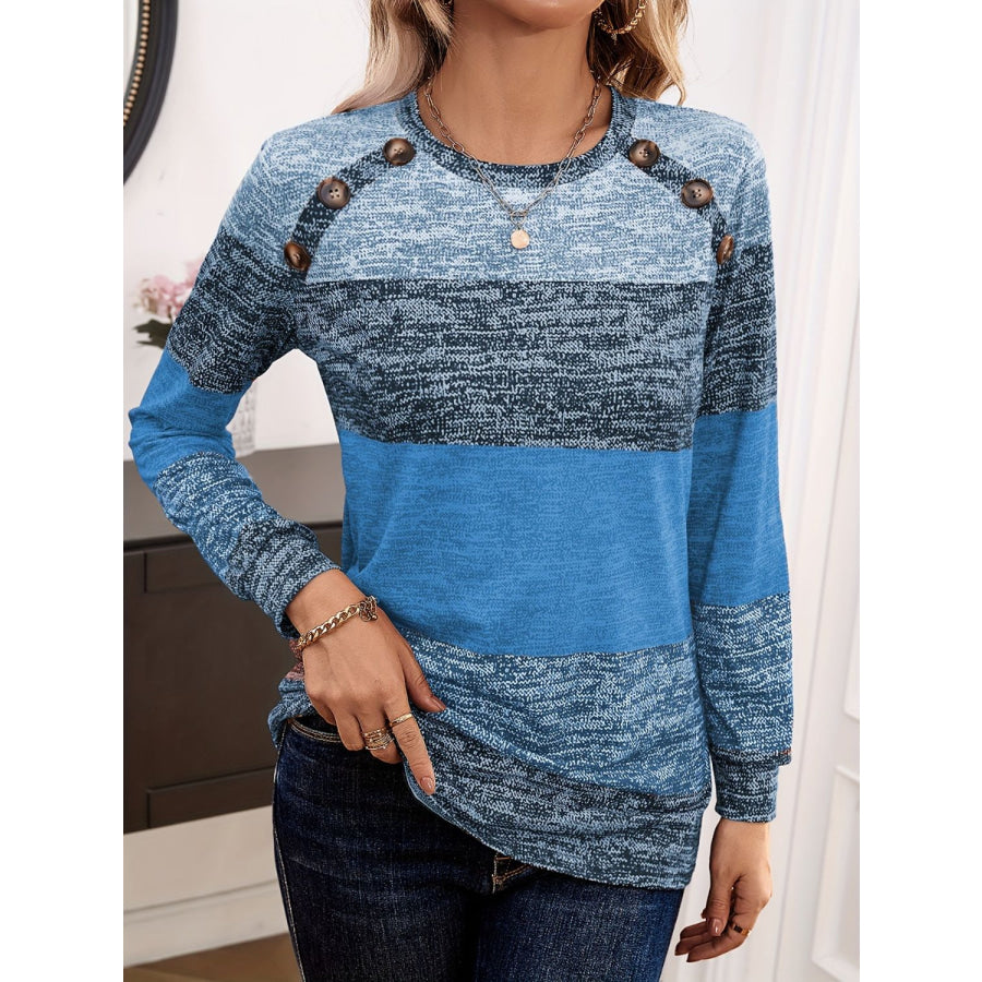 Decorative Button Contrast Round Neck Long Sleeve T-Shirt Sky Blue / S Apparel and Accessories