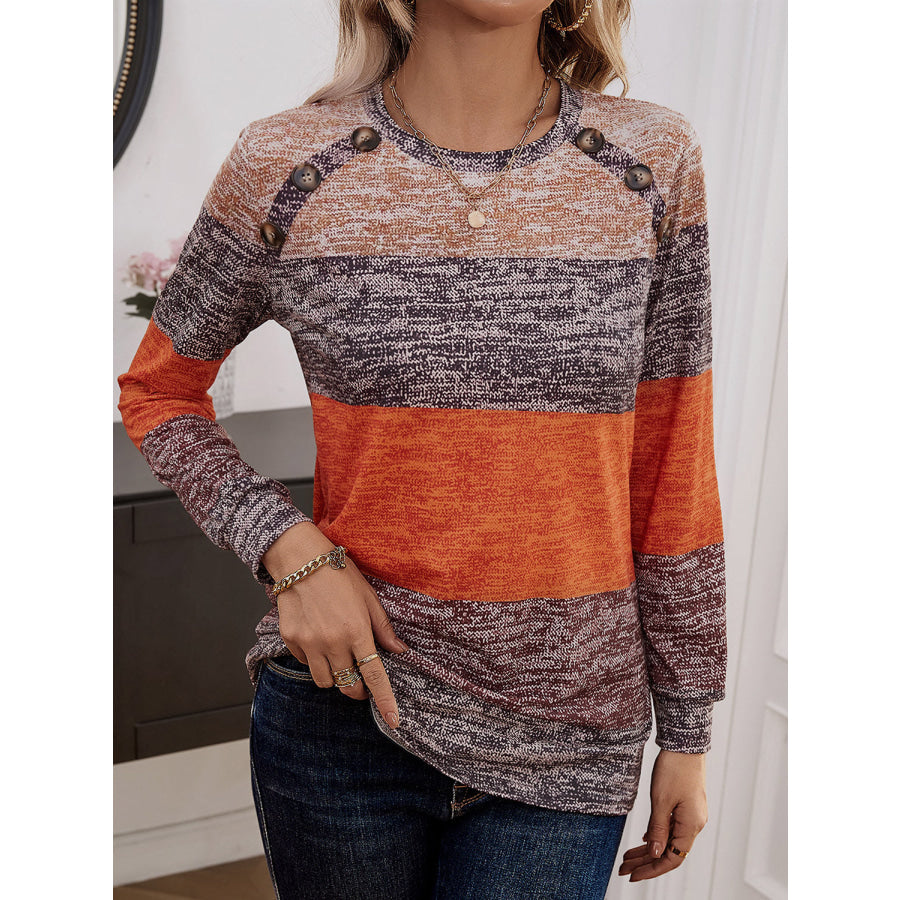 Decorative Button Contrast Round Neck Long Sleeve T-Shirt Terracotta / S Apparel and Accessories