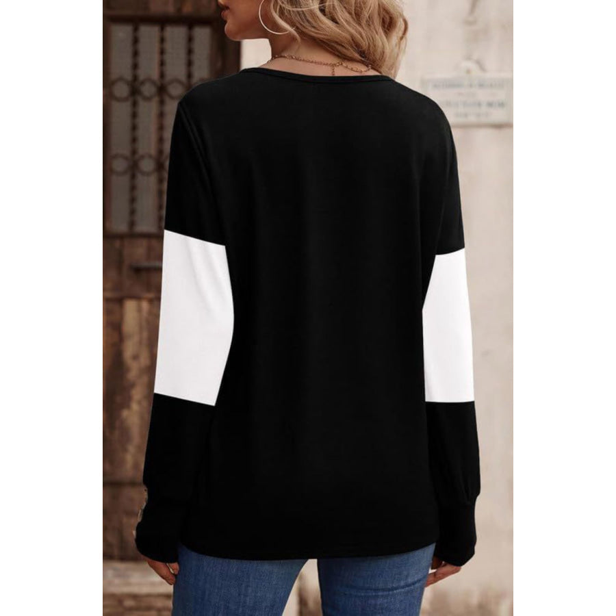 Decorative Button Contrast V-Neck Long Sleeve T-Shirt Apparel and Accessories