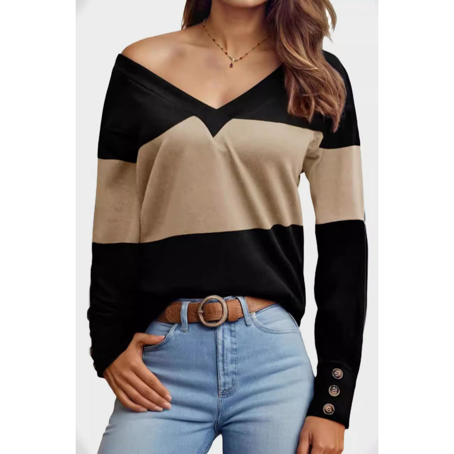 Decorative Button Contrast V-Neck Long Sleeve T-Shirt Apparel and Accessories