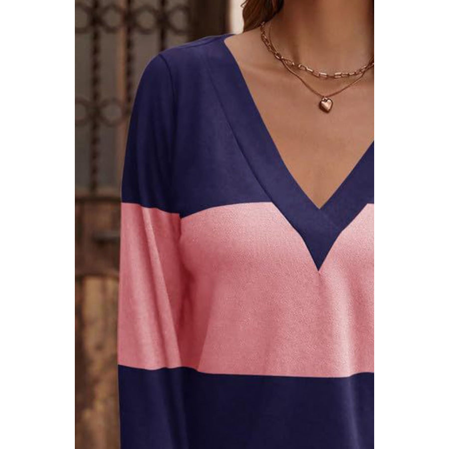 Decorative Button Contrast V-Neck Long Sleeve T-Shirt Apparel and Accessories