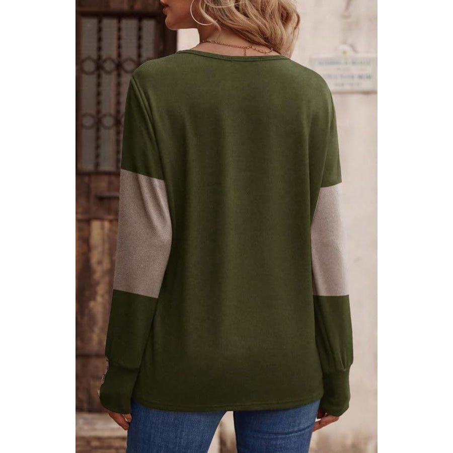 Decorative Button Contrast V-Neck Long Sleeve T-Shirt Apparel and Accessories