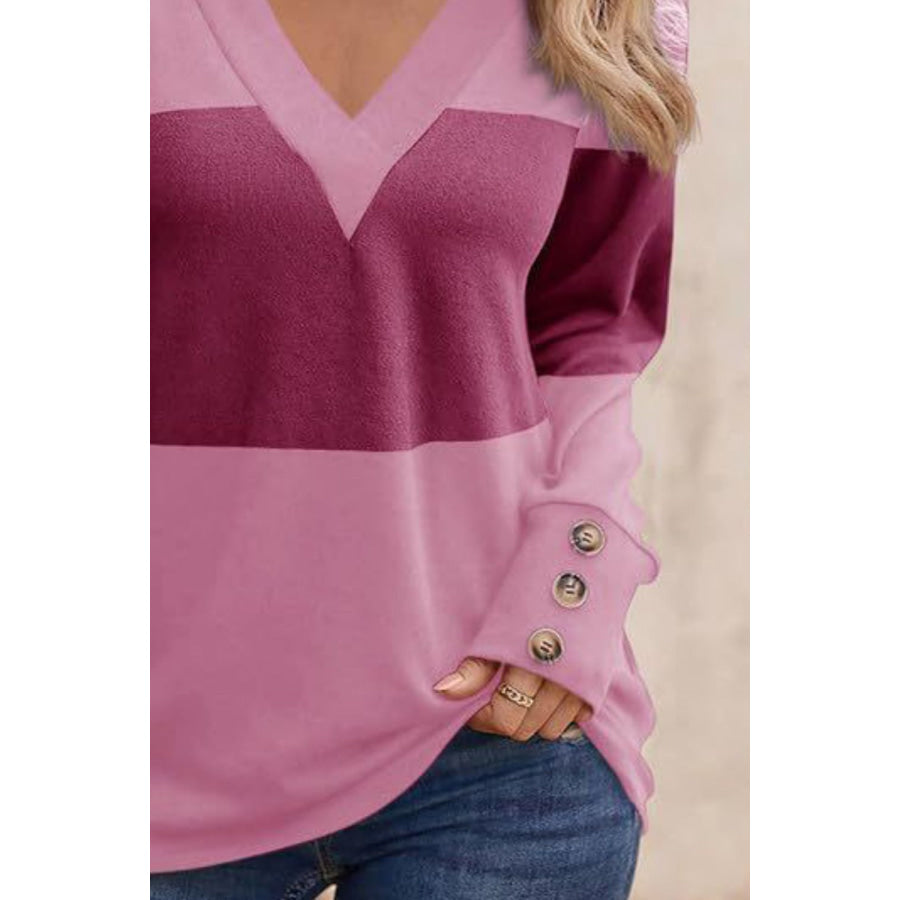 Decorative Button Contrast V-Neck Long Sleeve T-Shirt Apparel and Accessories