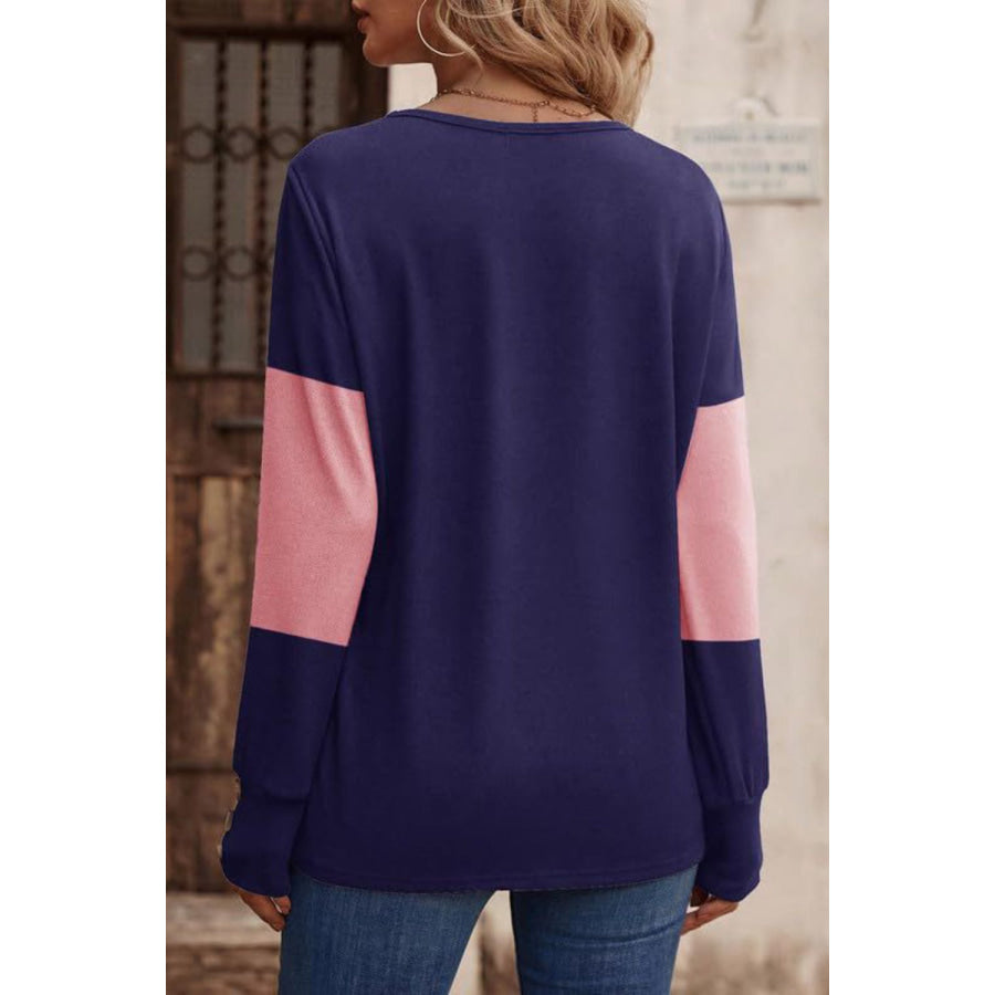 Decorative Button Contrast V-Neck Long Sleeve T-Shirt Apparel and Accessories