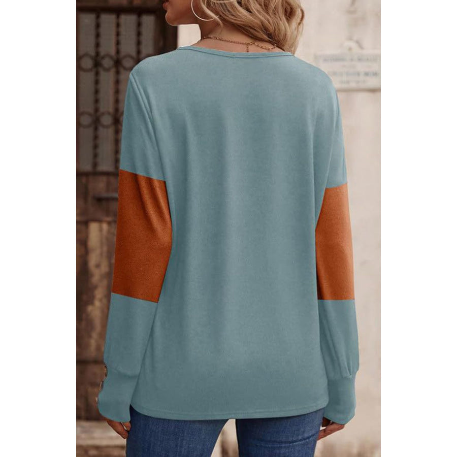 Decorative Button Contrast V-Neck Long Sleeve T-Shirt Apparel and Accessories