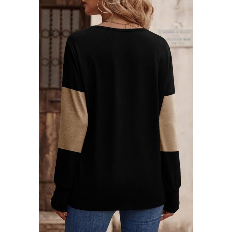 Decorative Button Contrast V-Neck Long Sleeve T-Shirt Apparel and Accessories