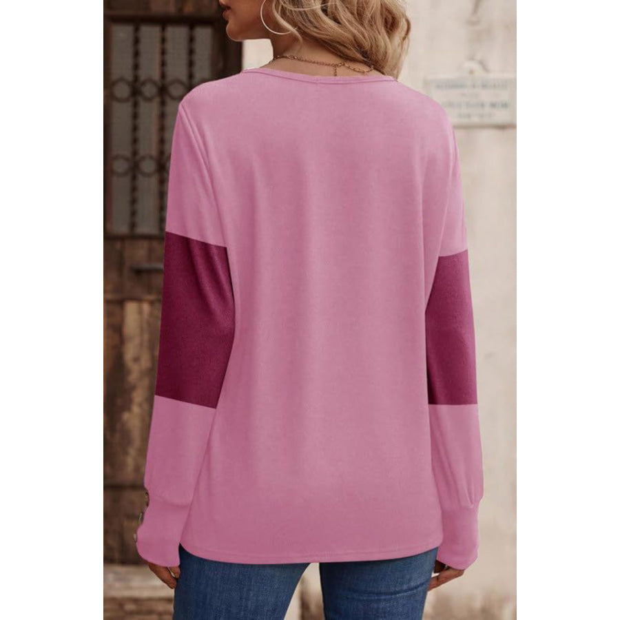 Decorative Button Contrast V-Neck Long Sleeve T-Shirt Apparel and Accessories