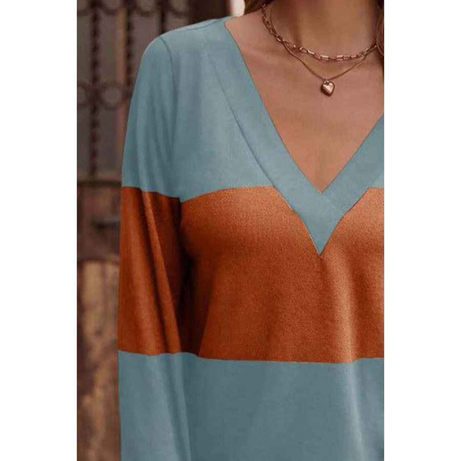 Decorative Button Contrast V-Neck Long Sleeve T-Shirt Apparel and Accessories