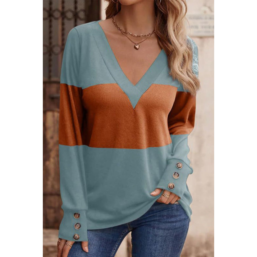 Decorative Button Contrast V-Neck Long Sleeve T-Shirt Orange / S Apparel and Accessories