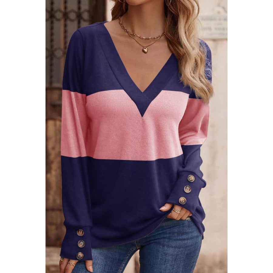 Decorative Button Contrast V-Neck Long Sleeve T-Shirt Pink / S Apparel and Accessories