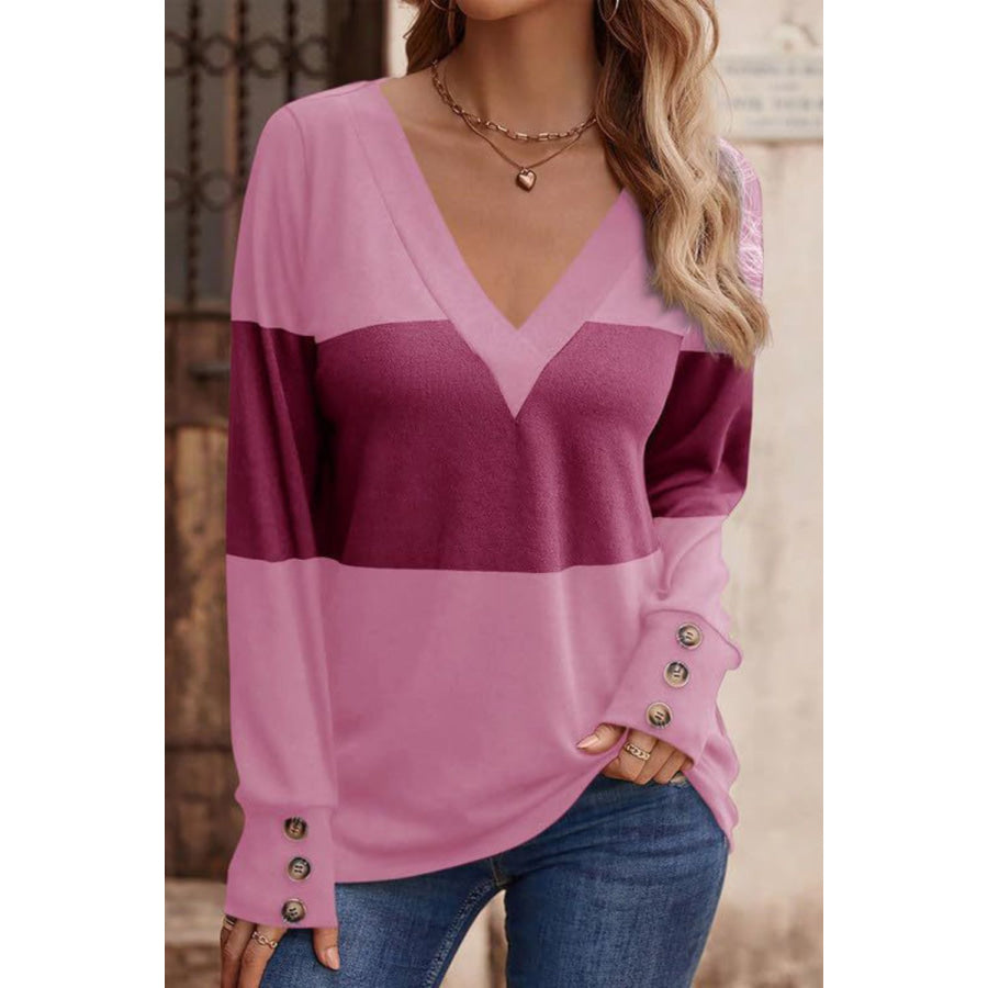 Decorative Button Contrast V-Neck Long Sleeve T-Shirt Red-Violet / S Apparel and Accessories