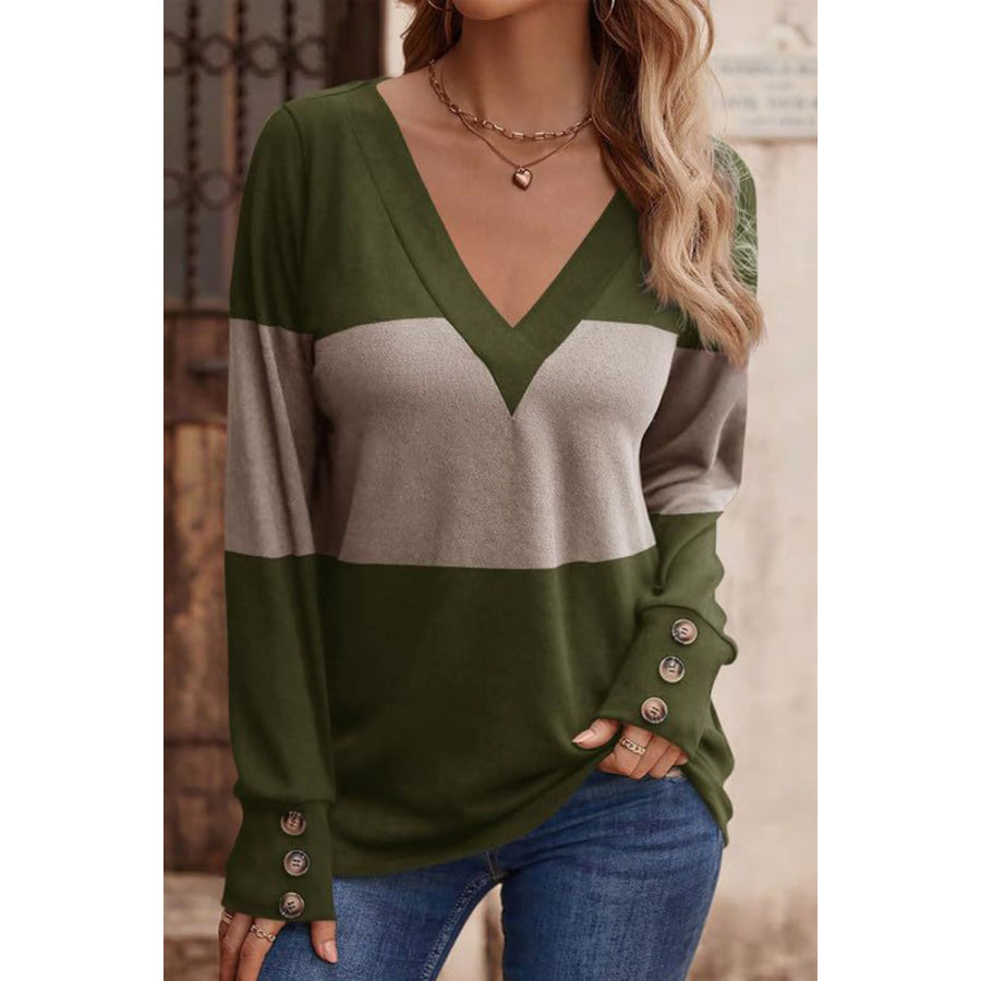 Decorative Button Contrast V-Neck Long Sleeve T-Shirt Taupe / S Apparel and Accessories