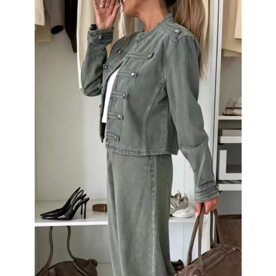 Decorative Button Cropped Denim Jacket Apparel and Accessories