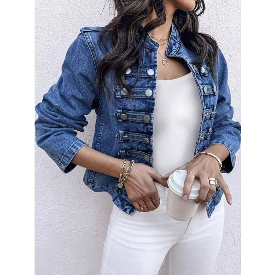 Decorative Button Cropped Denim Jacket Apparel and Accessories