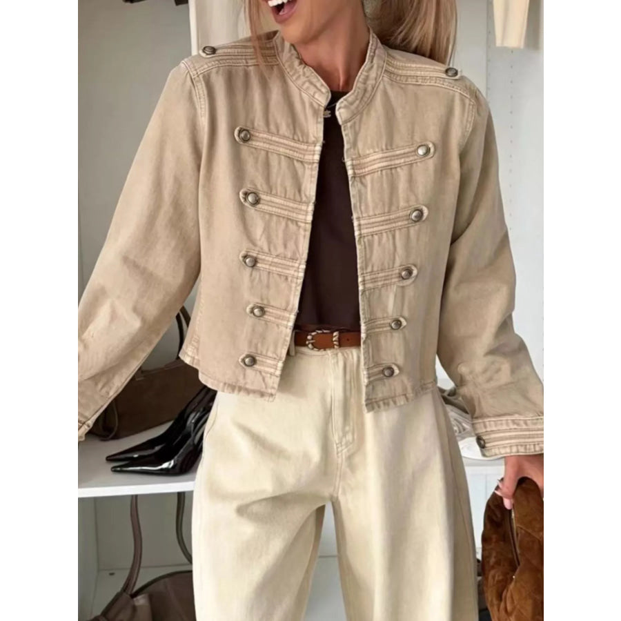 Decorative Button Cropped Denim Jacket Apparel and Accessories