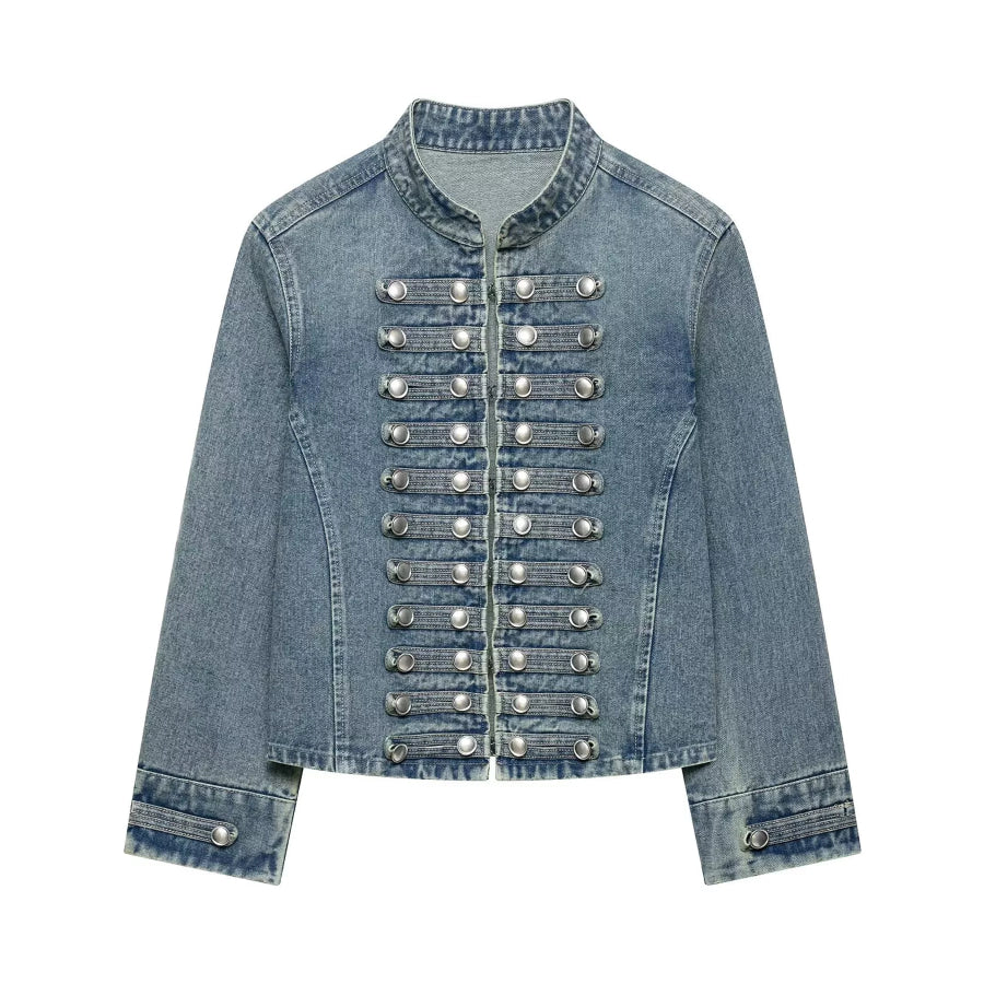 Decorative Button Cropped Denim Jacket Apparel and Accessories