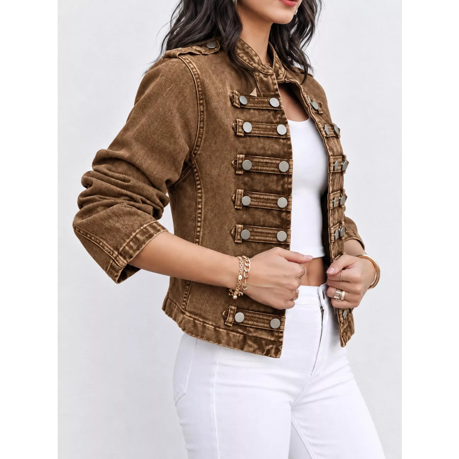 Decorative Button Cropped Denim Jacket Apparel and Accessories