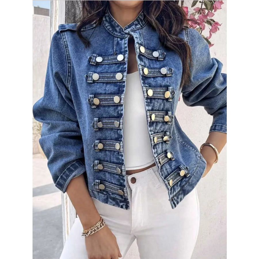 Decorative Button Cropped Denim Jacket Blue / S Apparel and Accessories