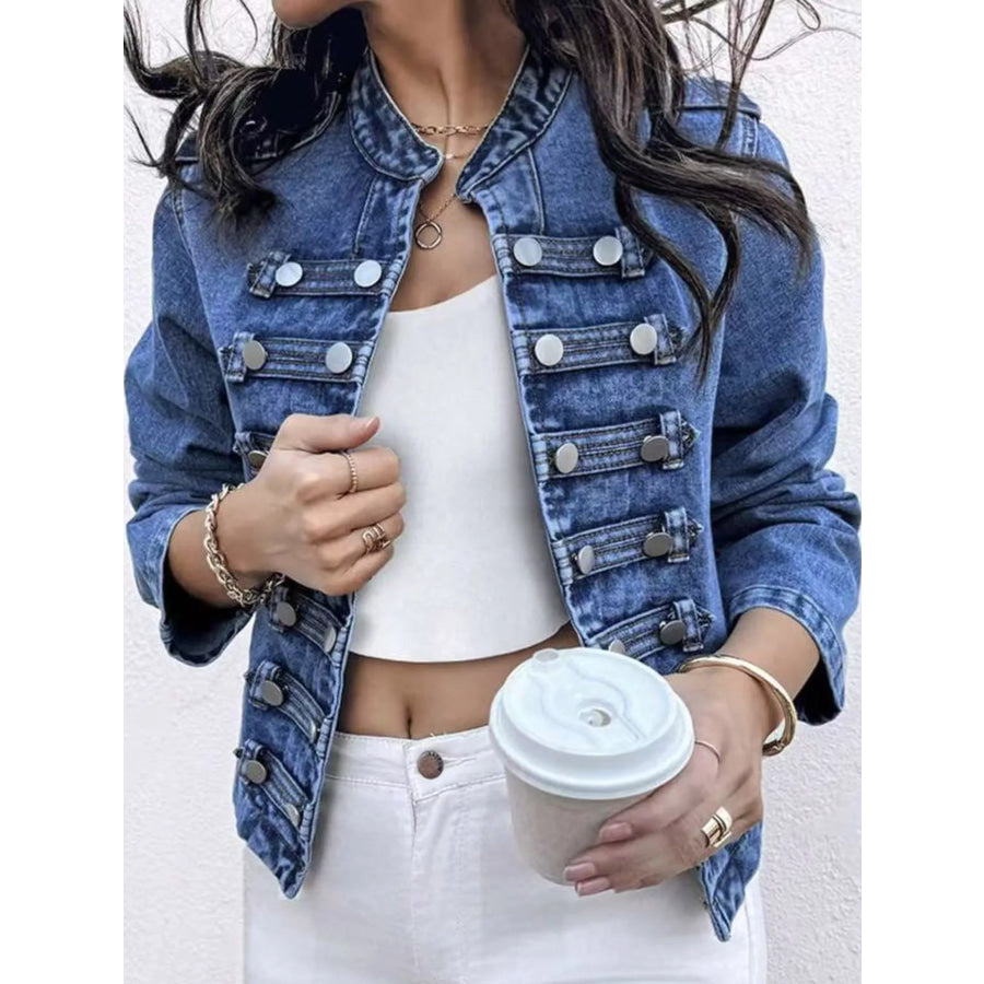 Decorative Button Cropped Denim Jacket Apparel and Accessories
