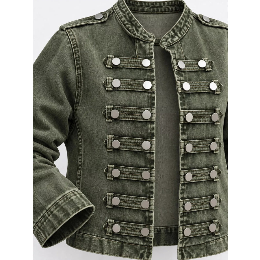 Decorative Button Cropped Denim Jacket Apparel and Accessories