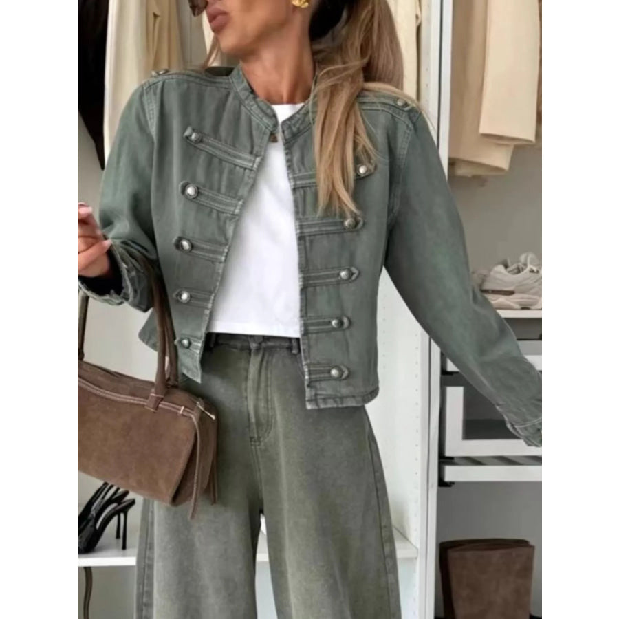 Decorative Button Cropped Denim Jacket Apparel and Accessories